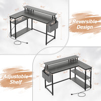 L-Shaped Desk with Power Outlets, LED Lights, and Monitor Stand, 47-Inch Corner Desk for Home Office, Dark Gray