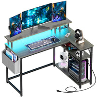L-Shaped Desk with Power Outlets, LED Lights, and Monitor Stand, 47-Inch Corner Desk for Home Office, Dark Gray