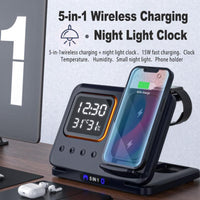 15W Wireless Charging Stand with Integrated 5-in-1 LED Digital Alarm Clock and Fast Charging Dock Station