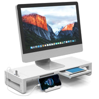 Height-Adjustable Monitor Stand with Foldable Design, Integrated Storage Drawer, and Device Holder