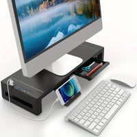 Height-Adjustable Monitor Stand with Foldable Design, Integrated Storage Drawer, and Device Holder