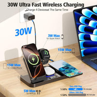 Dual Wireless Charging Station for Apple Devices - 30W Auto-Switch Charger with 7-Color LED Light and Integrated Clock for iPhone 17, AirPods 4, and Apple Watch 10