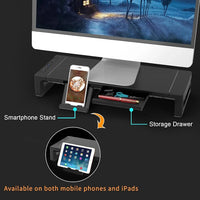 Height-Adjustable Monitor Stand with Foldable Design, Integrated Storage Drawer, and Device Holder